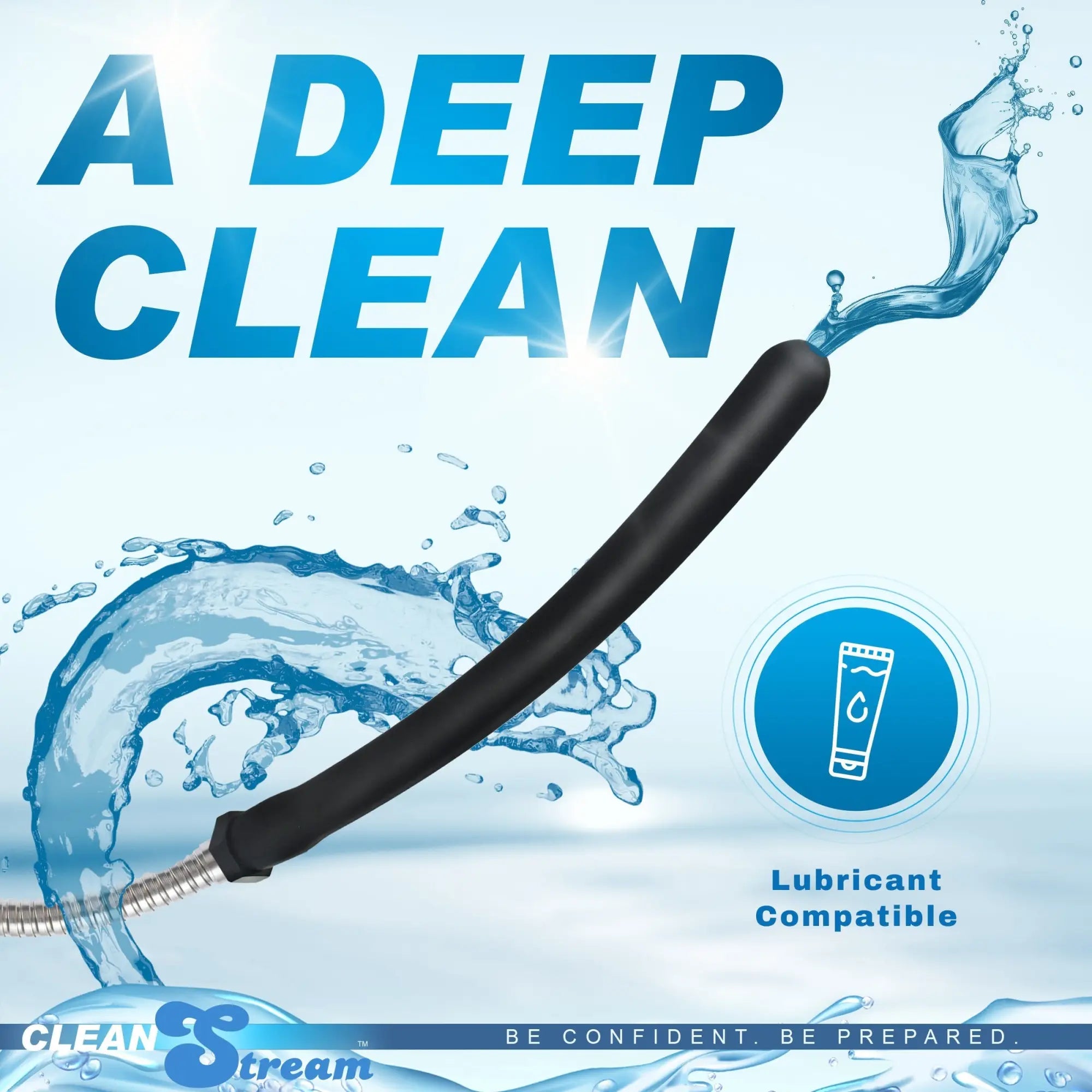 CleanStream 10 Inch Silicone Comfort Nozzle: A black, slender nozzle spraying water against a blue, splashy background.