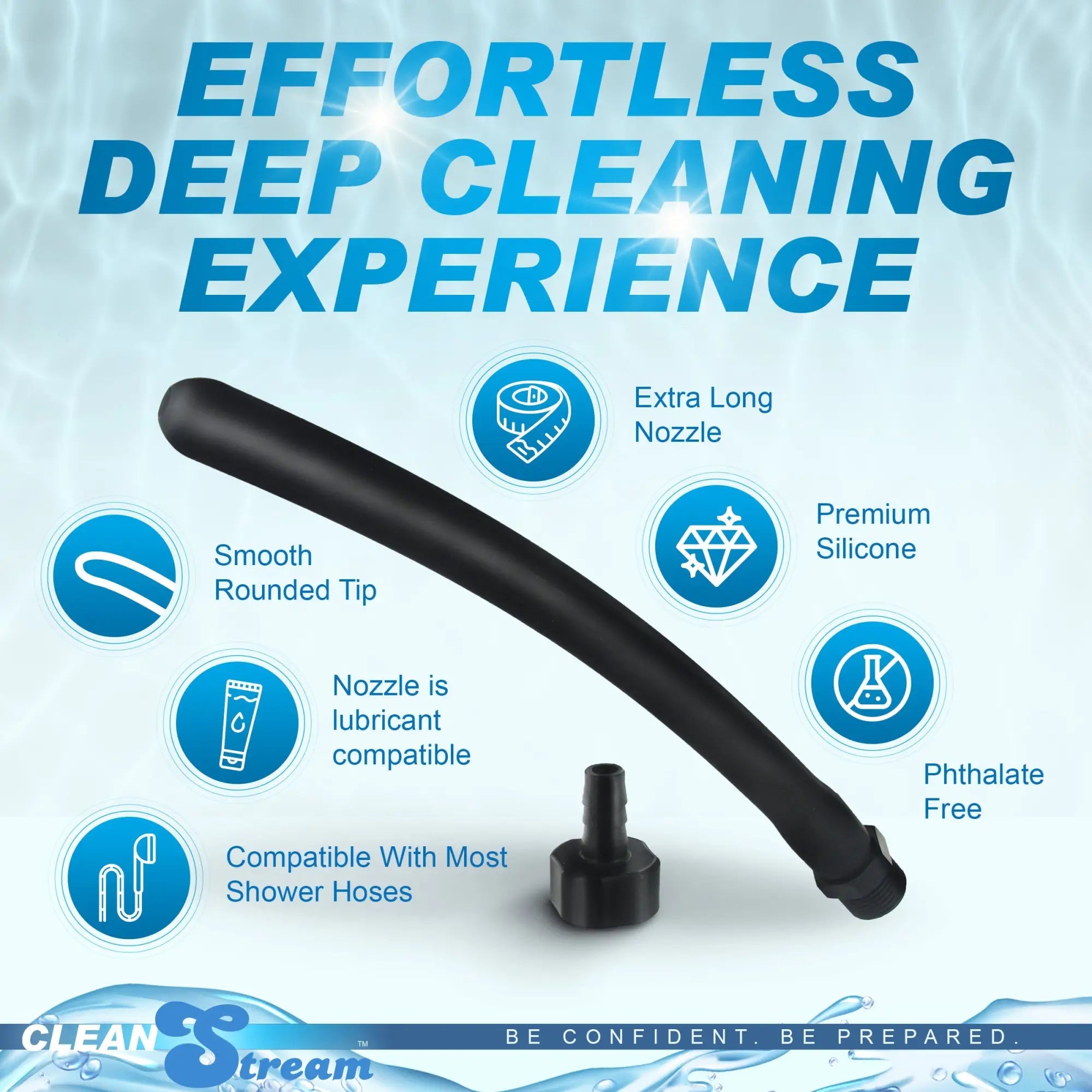 CleanStream 10 Inch Silicone Comfort Nozzle: A smooth, black, extra-long flexible nozzle with connector base.
