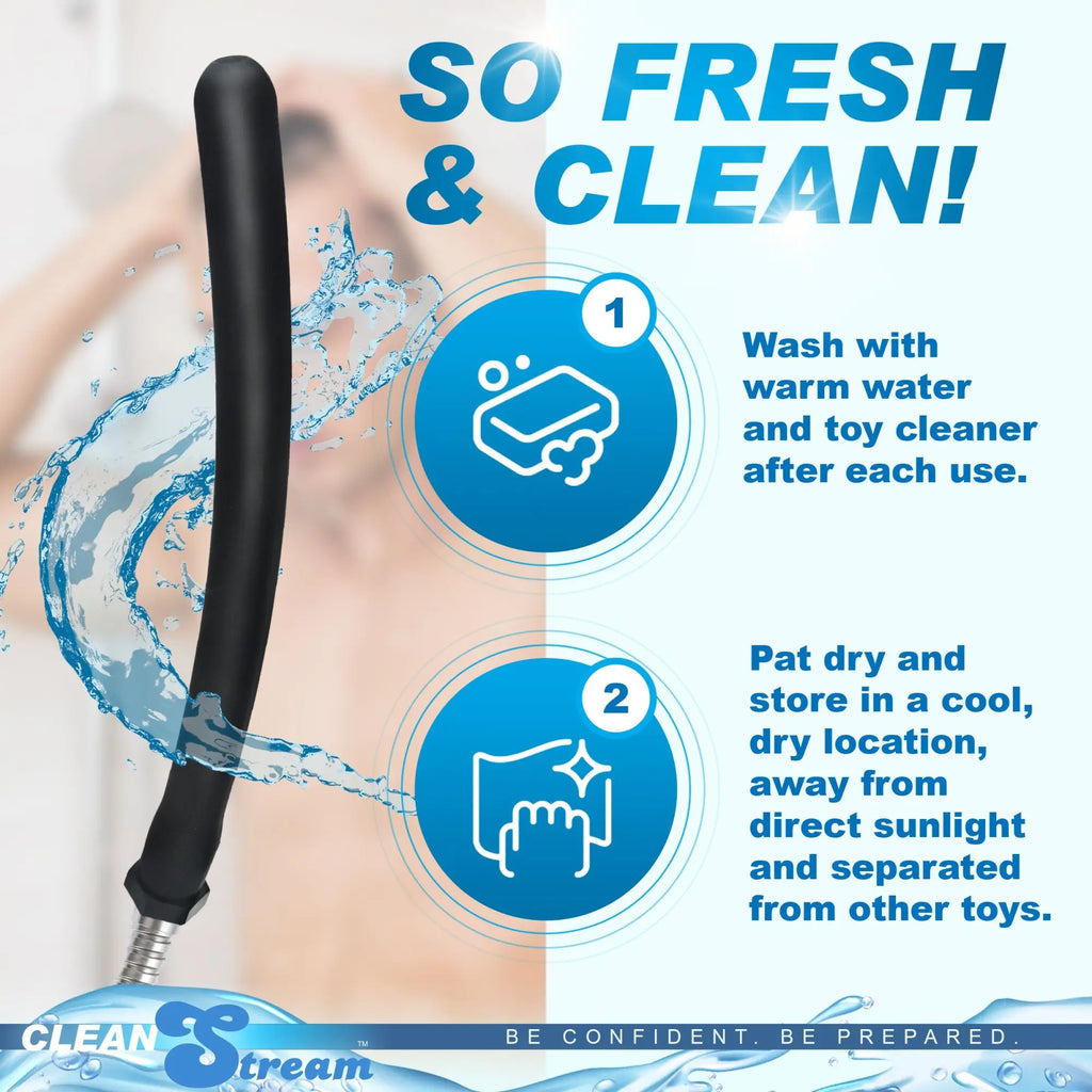 CleanStream 10-inch black silicone comfort nozzle with water splash effect, showing cleaning and storage instructions.