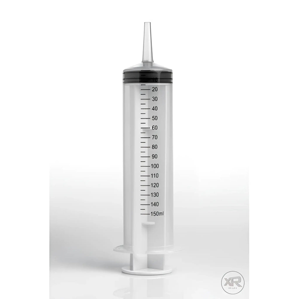 CleanStream 150ml enema syringe: a clear, medical-grade plastic syringe with black measurement markings up to 150ml.
