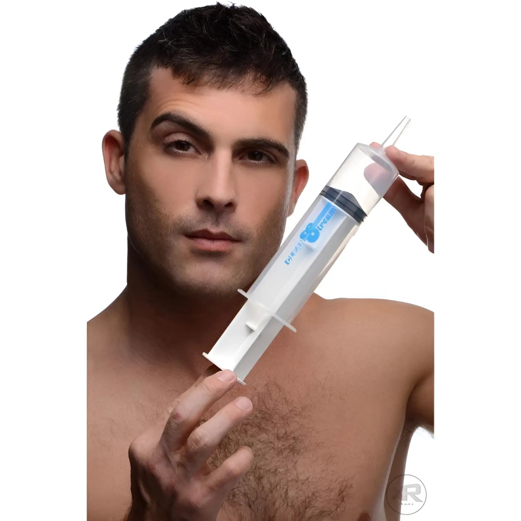 A man holding a clear, 150ml CleanStream enema syringe with a white plunger against a white background.