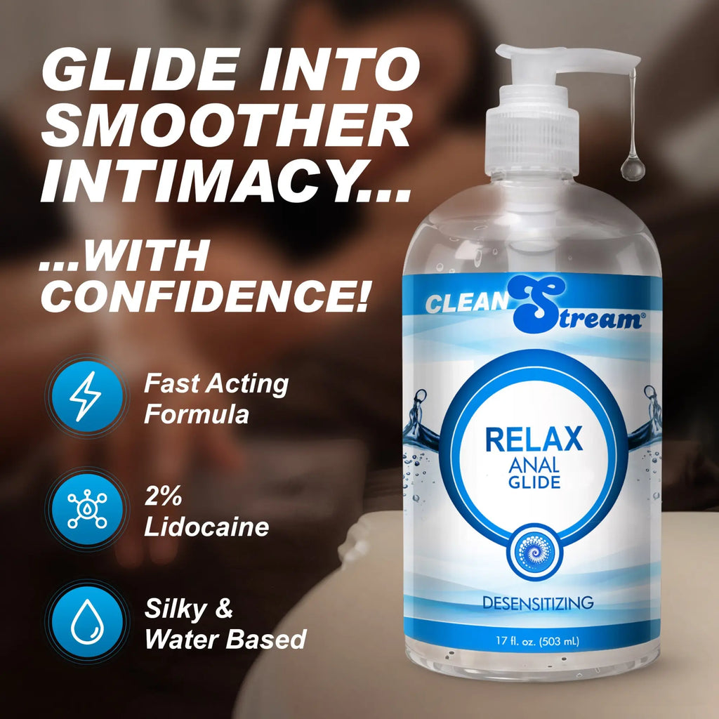 CleanStream 17oz Relax Anal Lube bottle with a pump dispenser and a blue-and-white label highlighting product benefits.