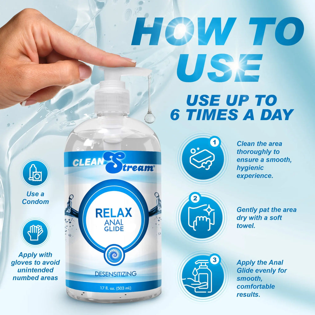 CleanStream 17oz Relax Desensitizing Anal Lube in a clear pump bottle against a blue water-themed usage instruction chart.