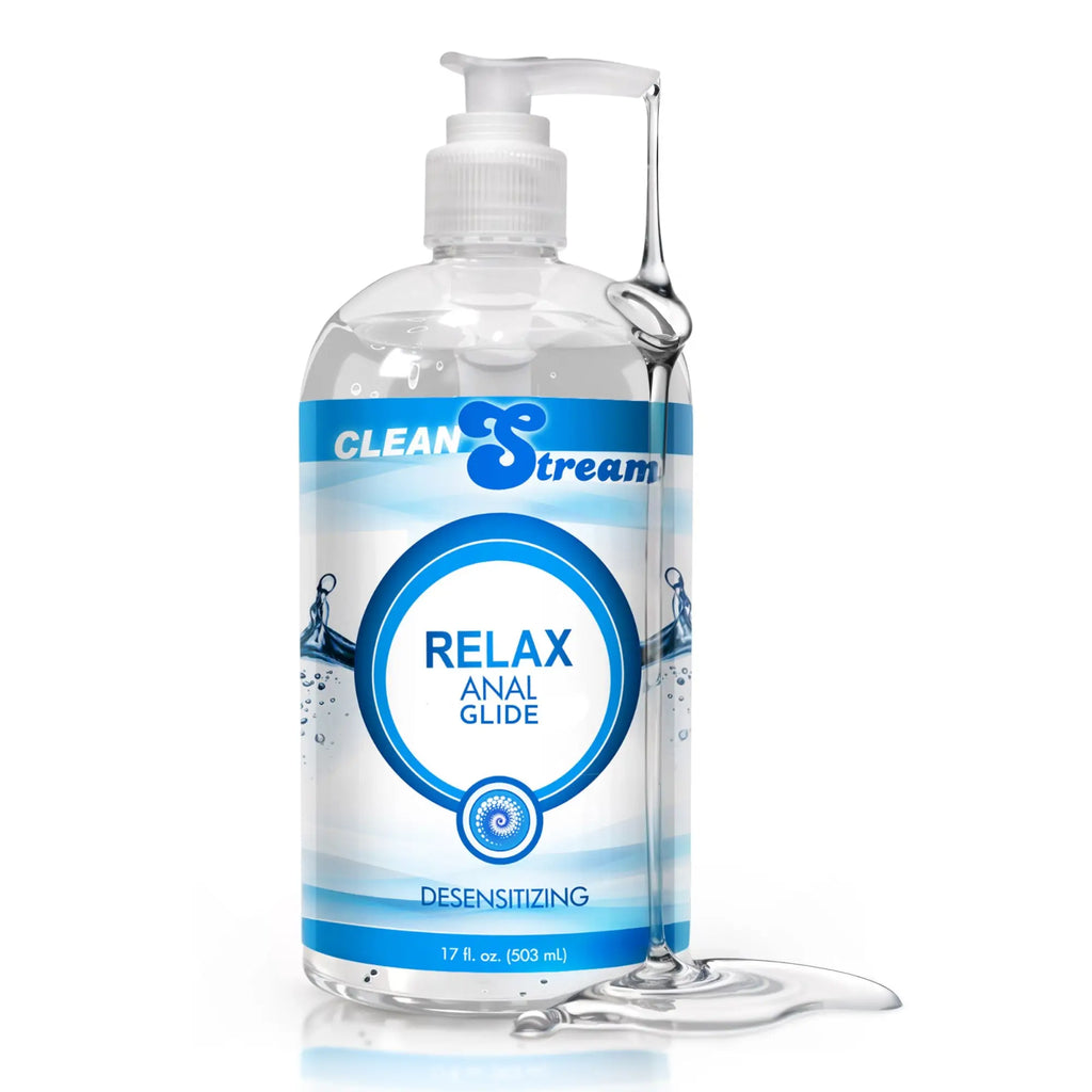 CleanStream 17oz Relax desensitizing anal lube in a clear pump bottle with blue branding and dripping clear gel.