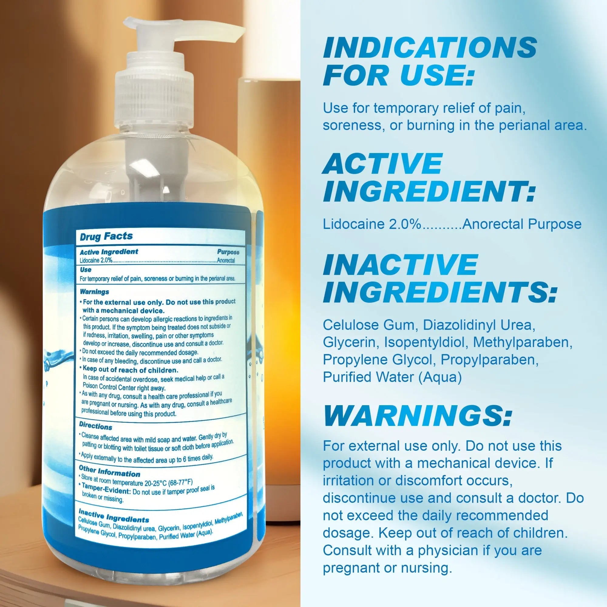 CleanStream 17oz Relax Lightly Desensitizing Anal Lube bottle with a pump, featuring a blue and white drug facts label.