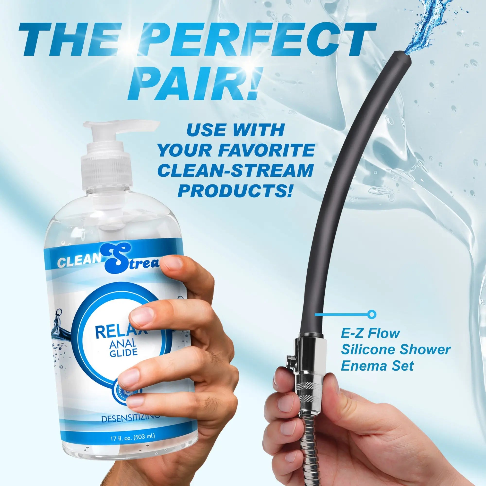 CleanStream 17oz Relax Desensitizing Lube shown with an E-Z Flow Shower Enema set against a water-themed background.