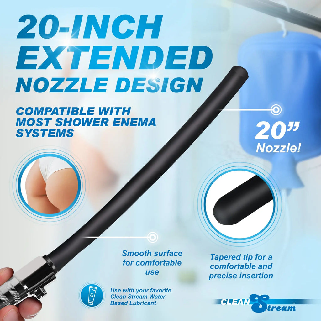 CleanStream 20-inch black silicone enema nozzle with a tapered tip, shown in an instructional graphic for shower systems.