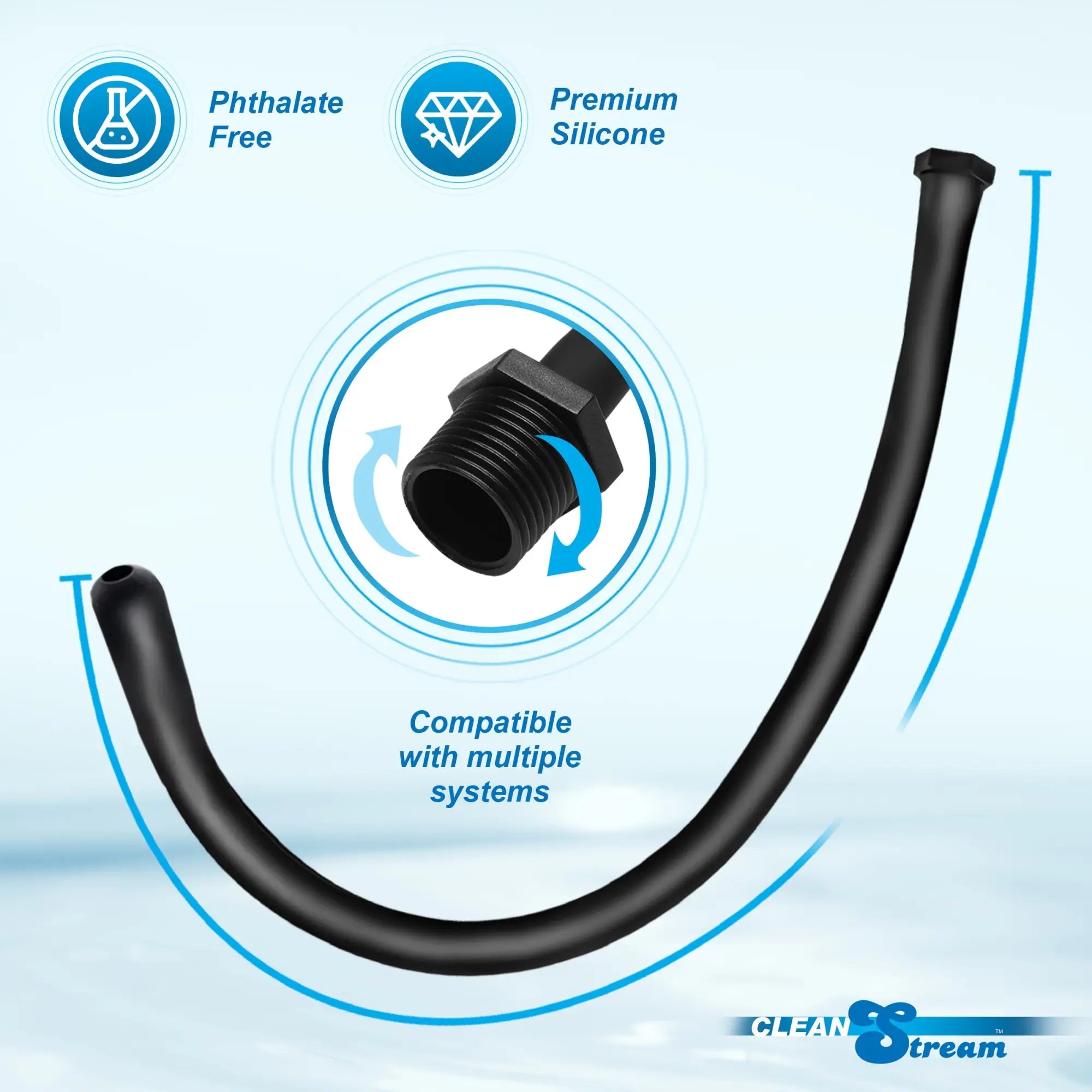 CleanStream 20-inch black silicone enema nozzle attachment with a threaded base, shown against a blue background.