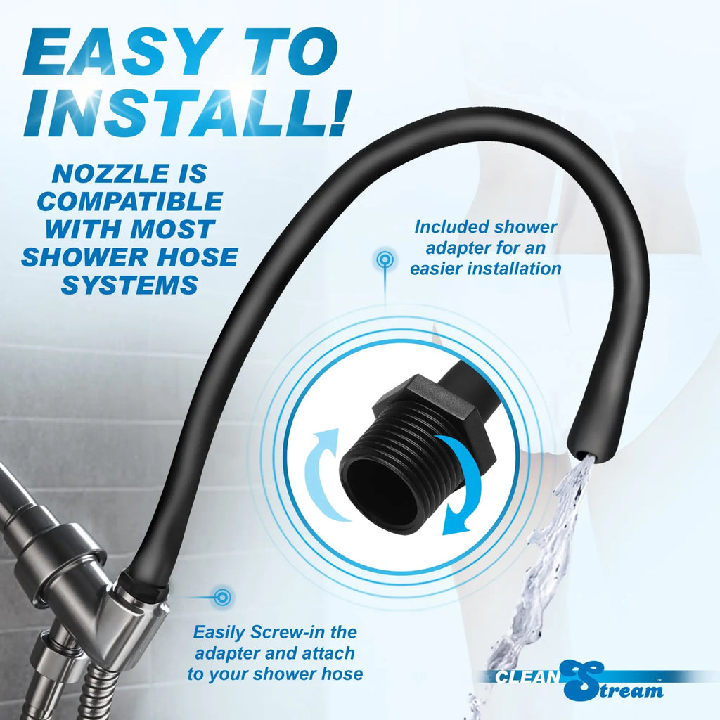 CleanStream 20-inch black silicone enema nozzle, shown attaching to a shower hose with an included adapter.