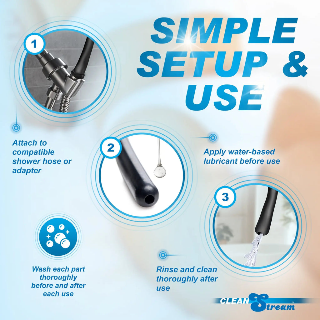 CleanStream 20-inch black silicone enema nozzle attachment, showing three-step setup and usage instructions.
