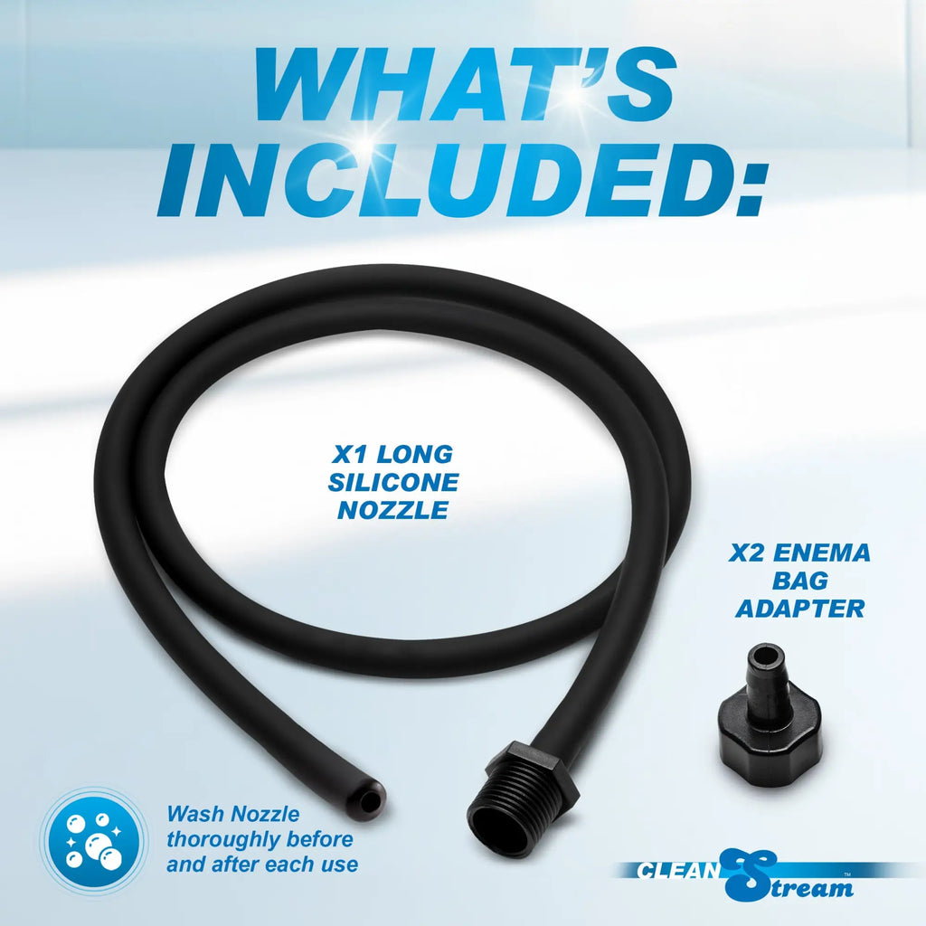 CleanStream 20-inch black silicone enema nozzle, coiled tube, and enema bag adapter on a light background.