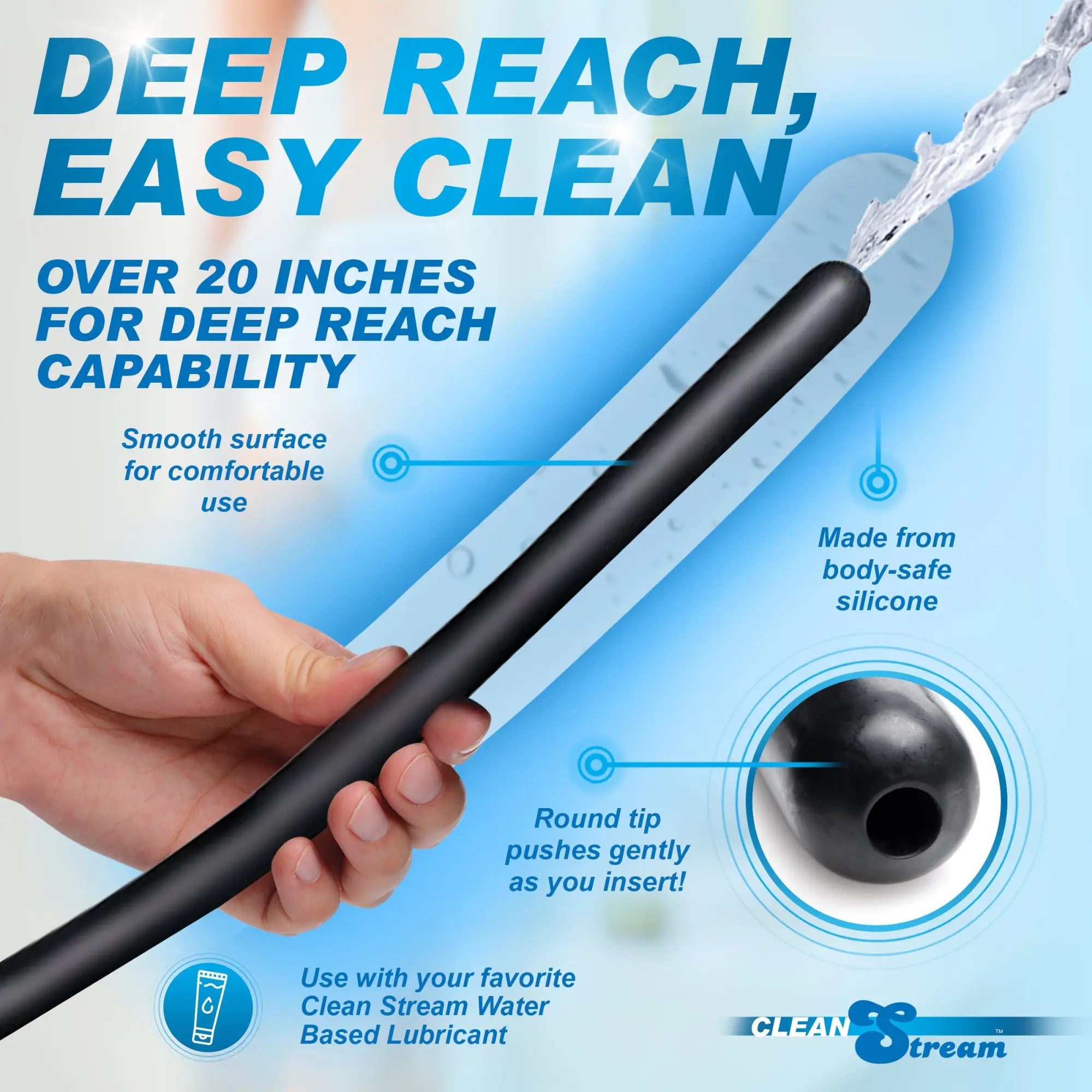 CleanStream 20-inch black silicone enema nozzle attachment, held by hand, highlighting smooth surface and round tip.