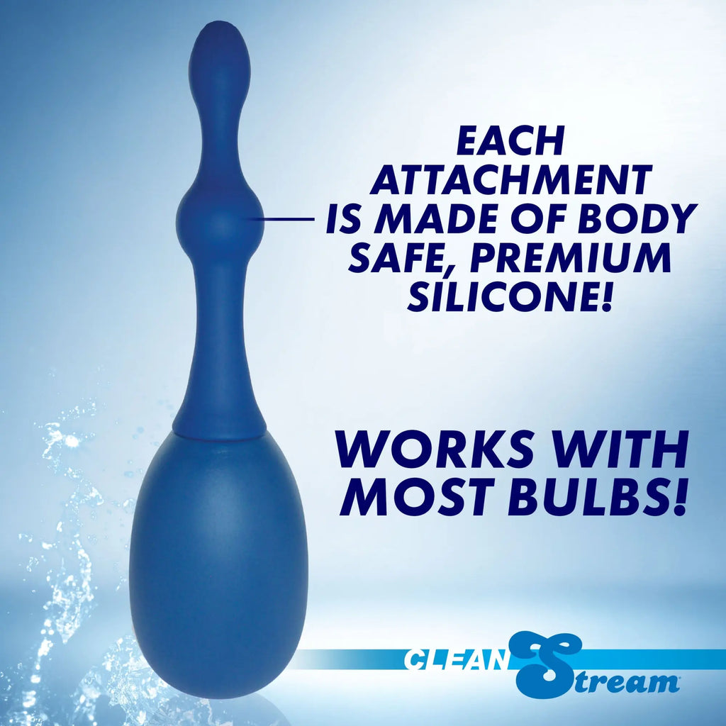 CleanStream 3pc Silicone Enema Attachment: A smooth, blue, bulb-tipped silicone nozzle on a blue background.