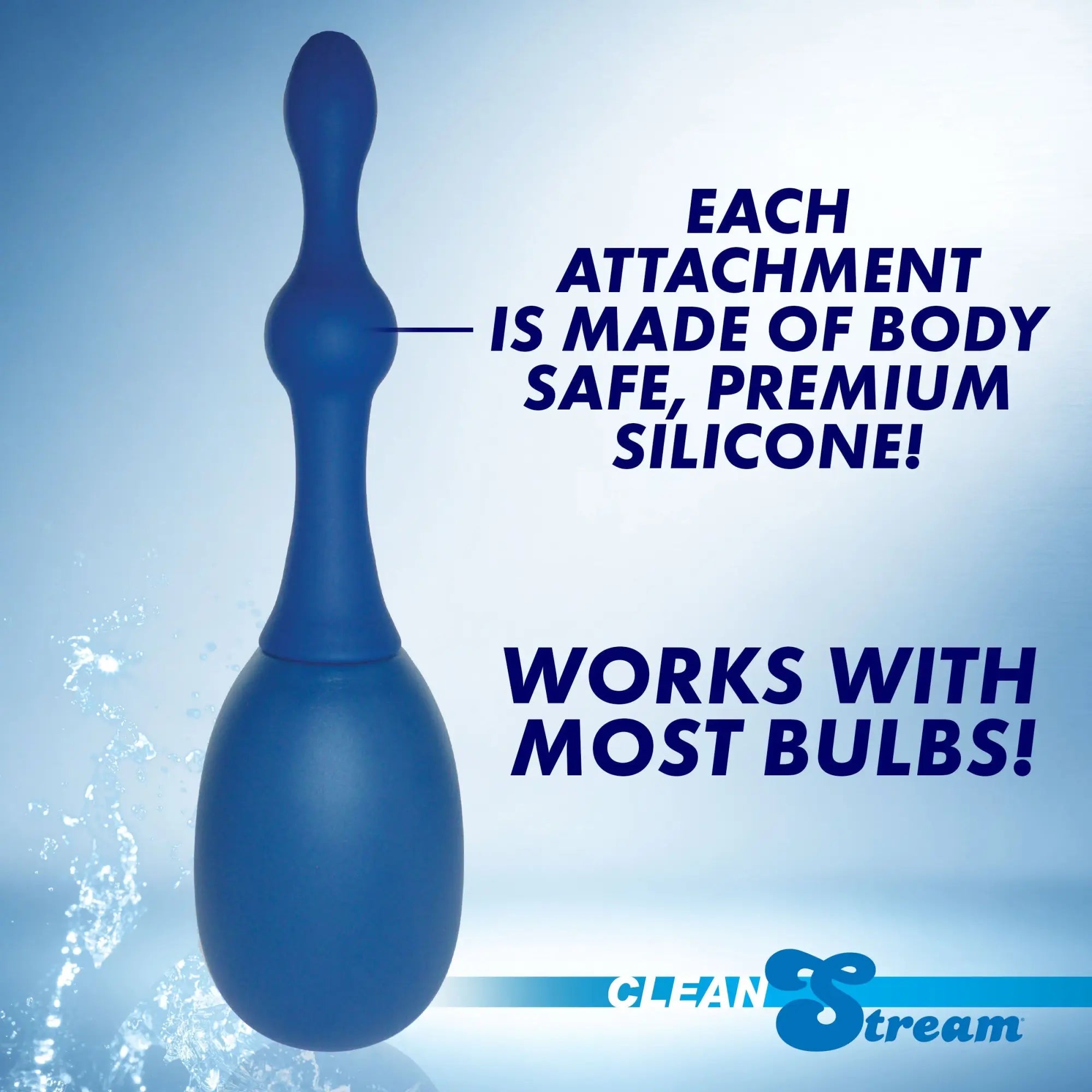 CleanStream 3pc Silicone Enema Attachment: A smooth, blue, bulb-tipped silicone nozzle on a blue background.