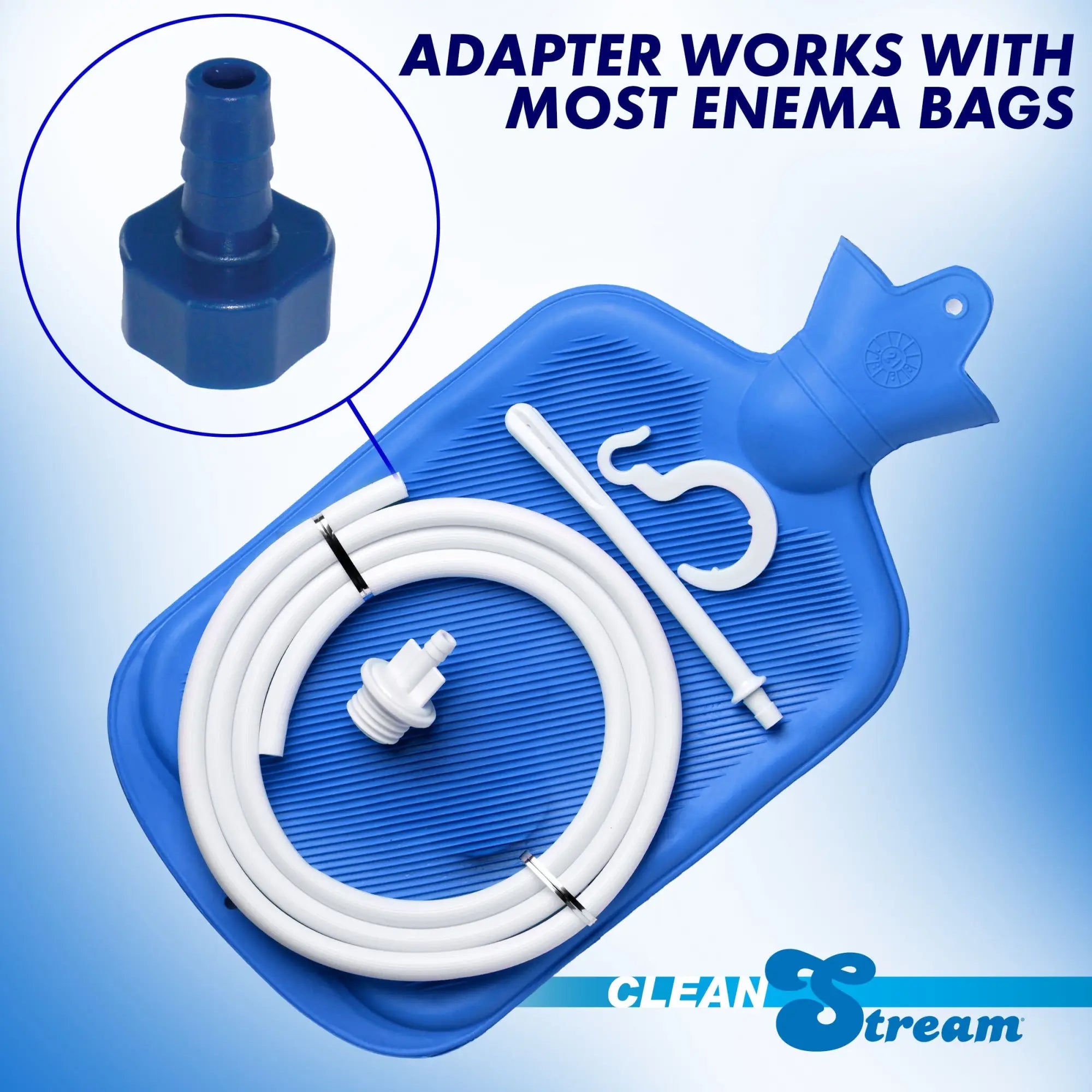 CleanStream 3pc silicone enema set: blue hot water bag, white tubing, and attachments on a blue background.