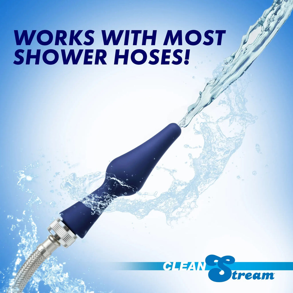 CleanStream 3pc Silicone Enema Attachment: A blue nozzle attached to a metal hose, spraying a jet of water.