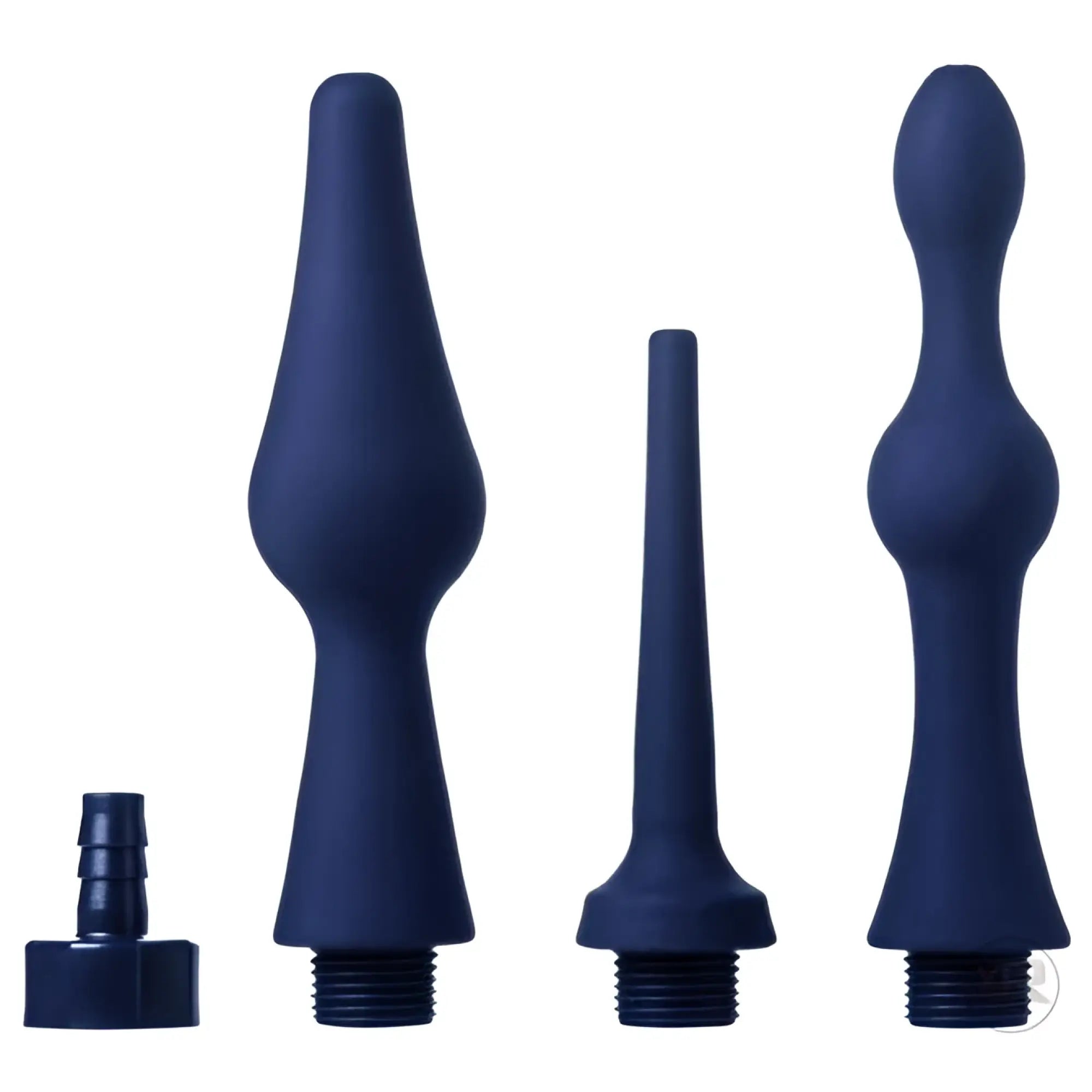 CleanStream 3pc blue silicone enema attachment set featuring three distinct nozzle shapes and a base adapter.