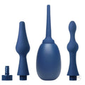 CleanStream 5pc Enema Bulb and Attachments Set in matte dark blue silicone, featuring a bulb and three interchangeable tips.