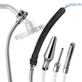 CleanStream shower enema system with a chrome hose, one black silicone nozzle spraying water, and three metal tips.