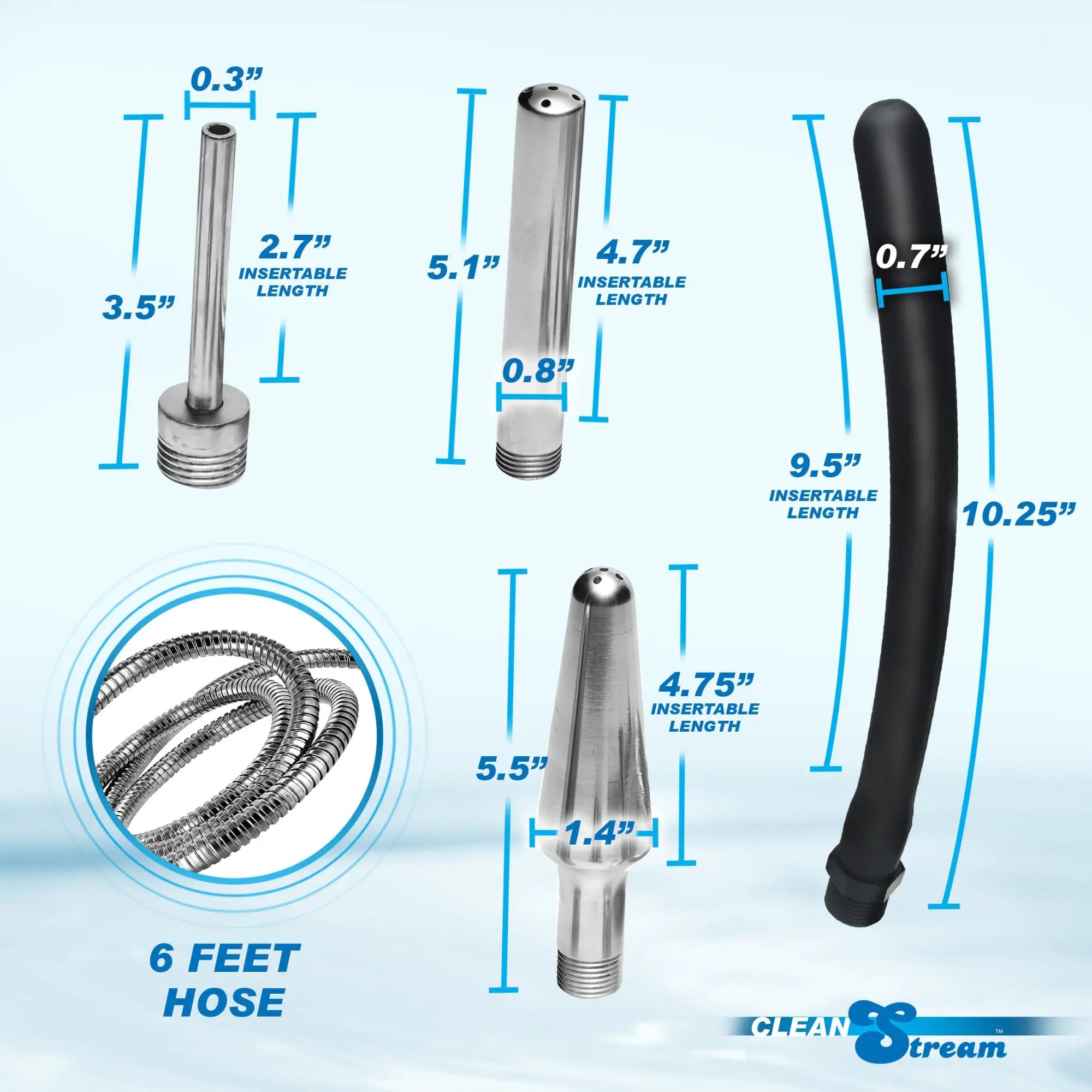 CleanStream 4-tip shower enema system showing four different metal and silicone attachments with dimension callouts.