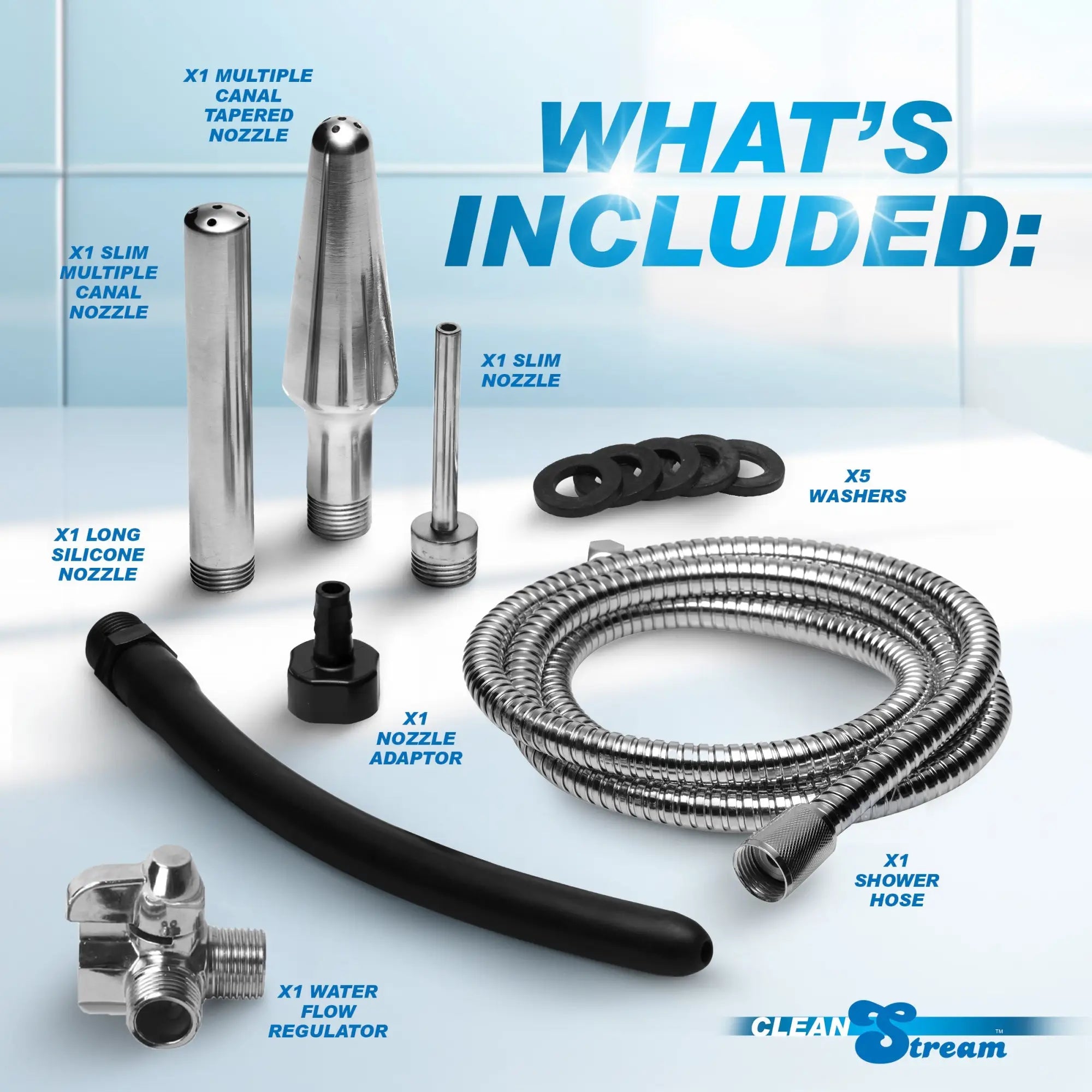 CleanStream 4-Tip Shower Enema System includes various metal and silicone nozzles, a shower hose, washers, and regulator.