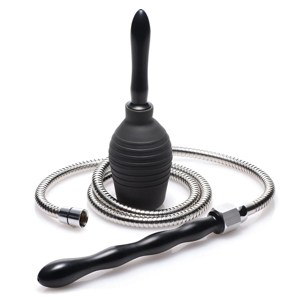 CleanStream All In One shower enema system featuring a black bulb, sleek black nozzle, and flexible silver metal hose.
