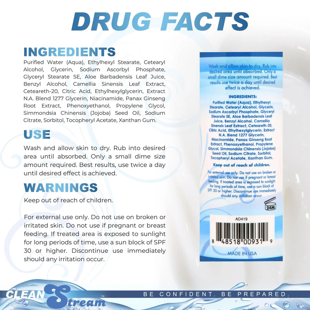 CleanStream Anal Bleach product label showing Drug Facts, ingredients, usage instructions, and warnings on a blue background.