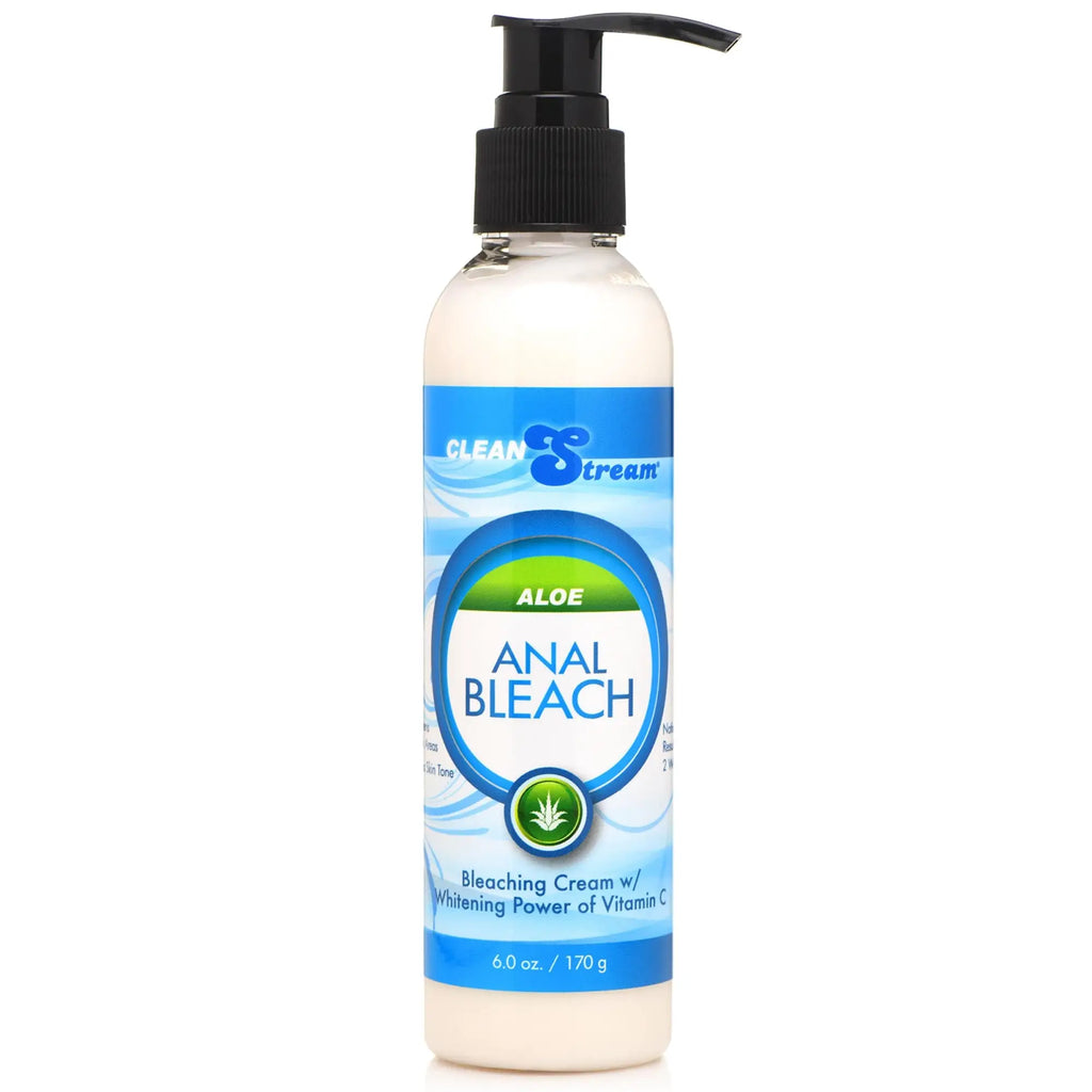 CleanStream Anal Bleach pump bottle with white cream, blue label, Vitamin C, and Aloe branding on a white background.