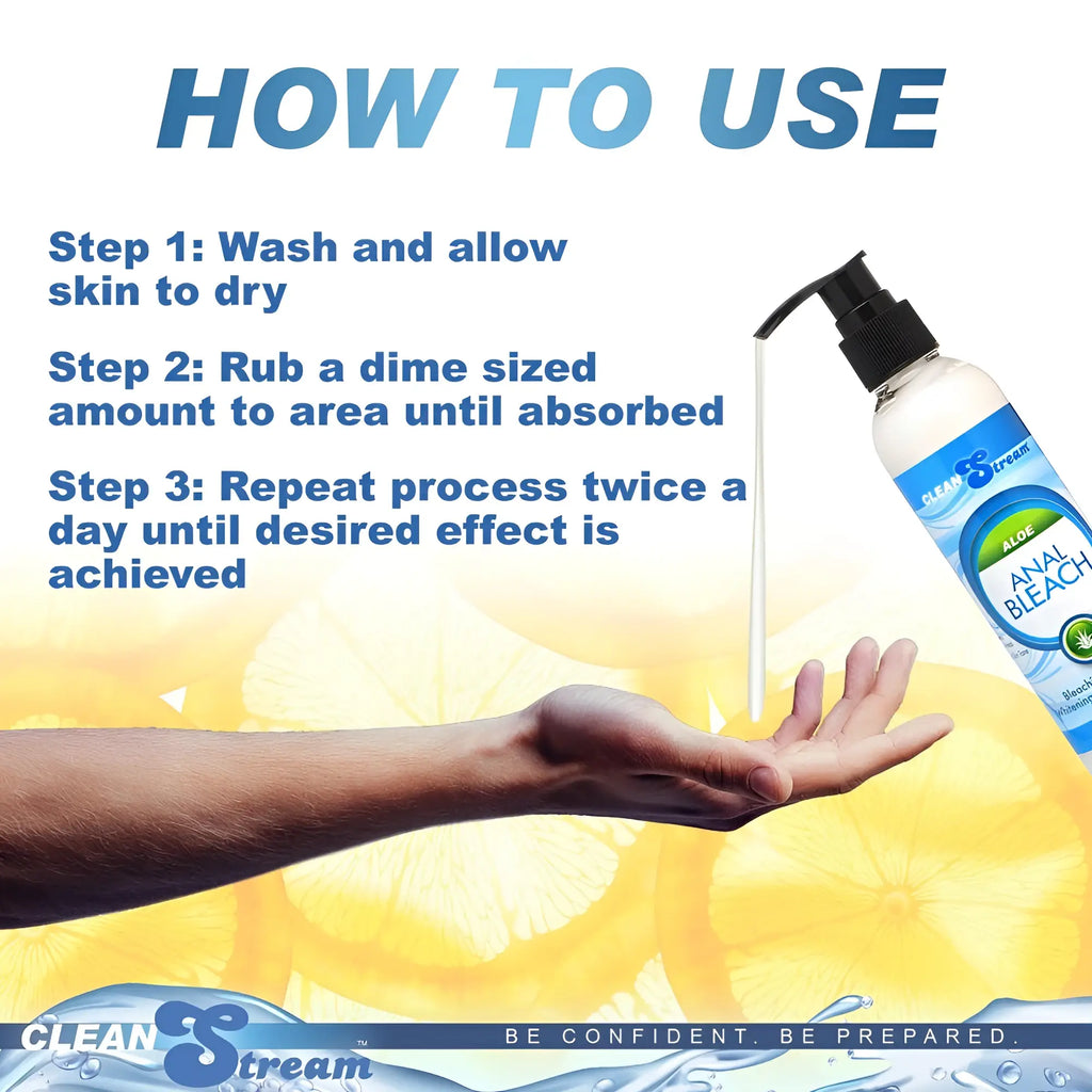 CleanStream Anal Bleach bottle dispenses lotion into a hand with instructions on how to use the product.