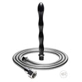 CleanStream Aqua Shot enema system: a slim, black, wavy nozzle centered in a coiled silver shower hose.