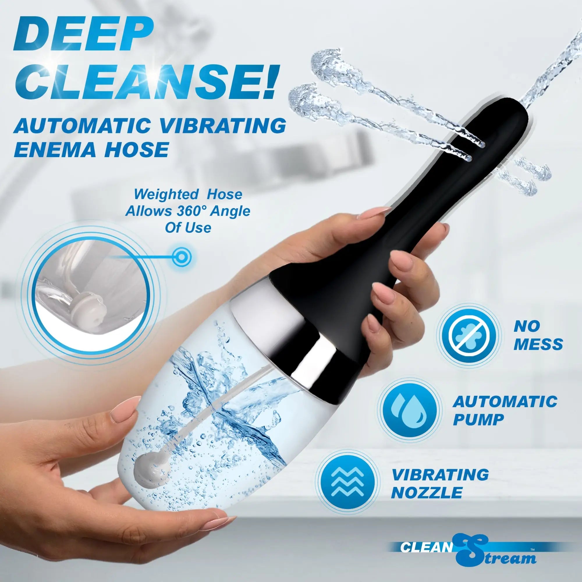 Hand holding a black and clear CleanStream Auto-Vibrating Enema Bulb spraying water with infographic text overlays.