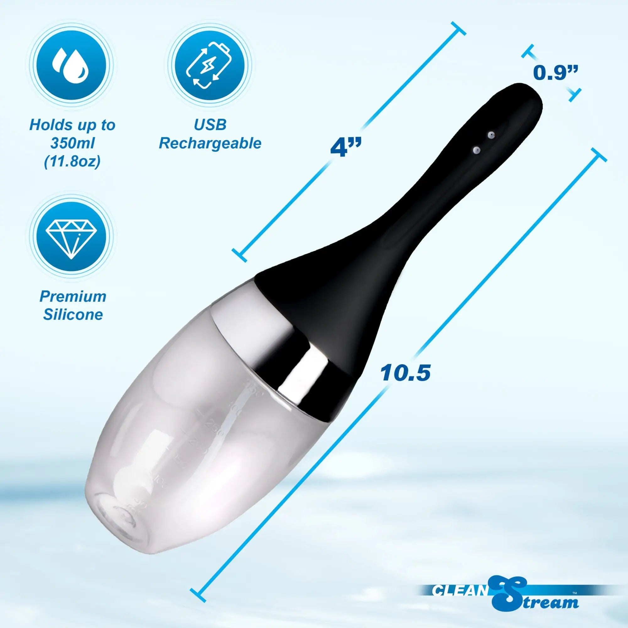 CleanStream Auto-Vibrating Enema Bulb: A black and clear silicone, USB-rechargeable enema device with measurement specs.