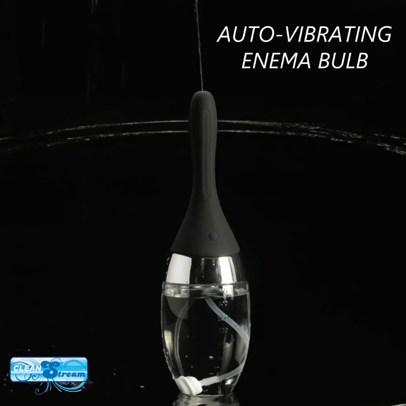 CleanStream Auto-Vibrating Enema Bulb: A matte black nozzle on a clear, water-filled bulb against a dark background.