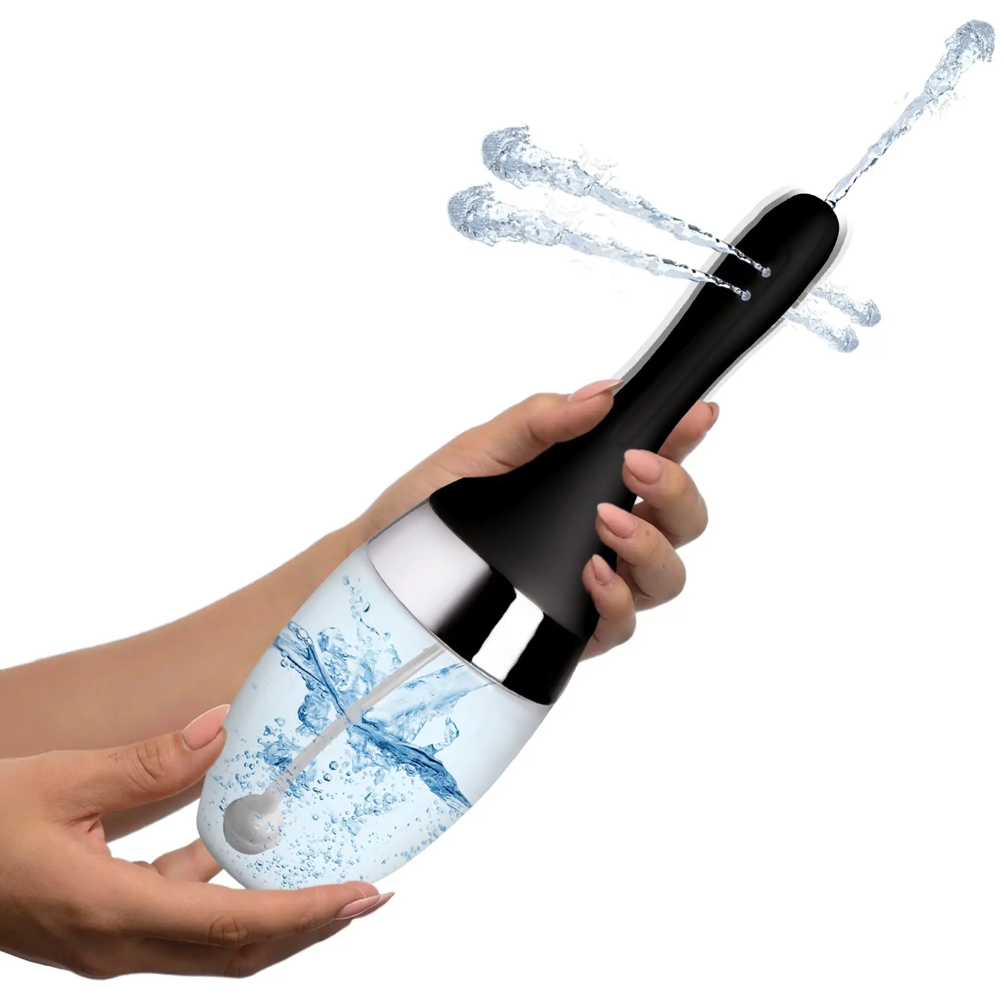 CleanStream Auto-Vibrating Enema Bulb: A black and clear water-filled device held by hands, spraying water from the tip.