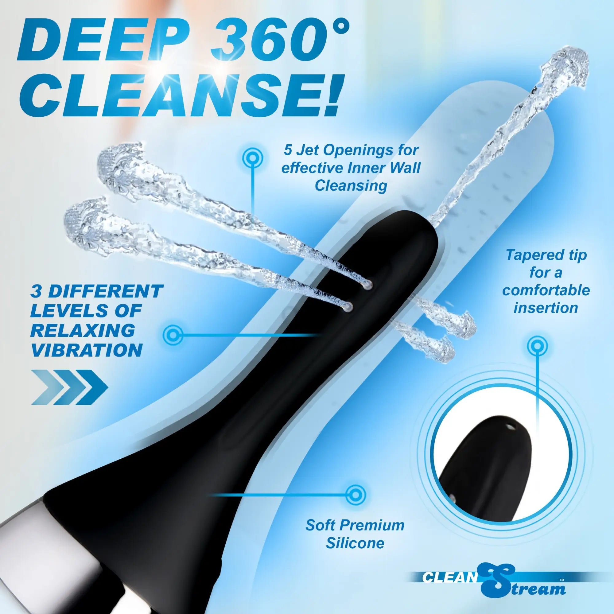 CleanStream Auto-Vibrating Enema Bulb: black, tapered silicone device showing water jets and vibration features.