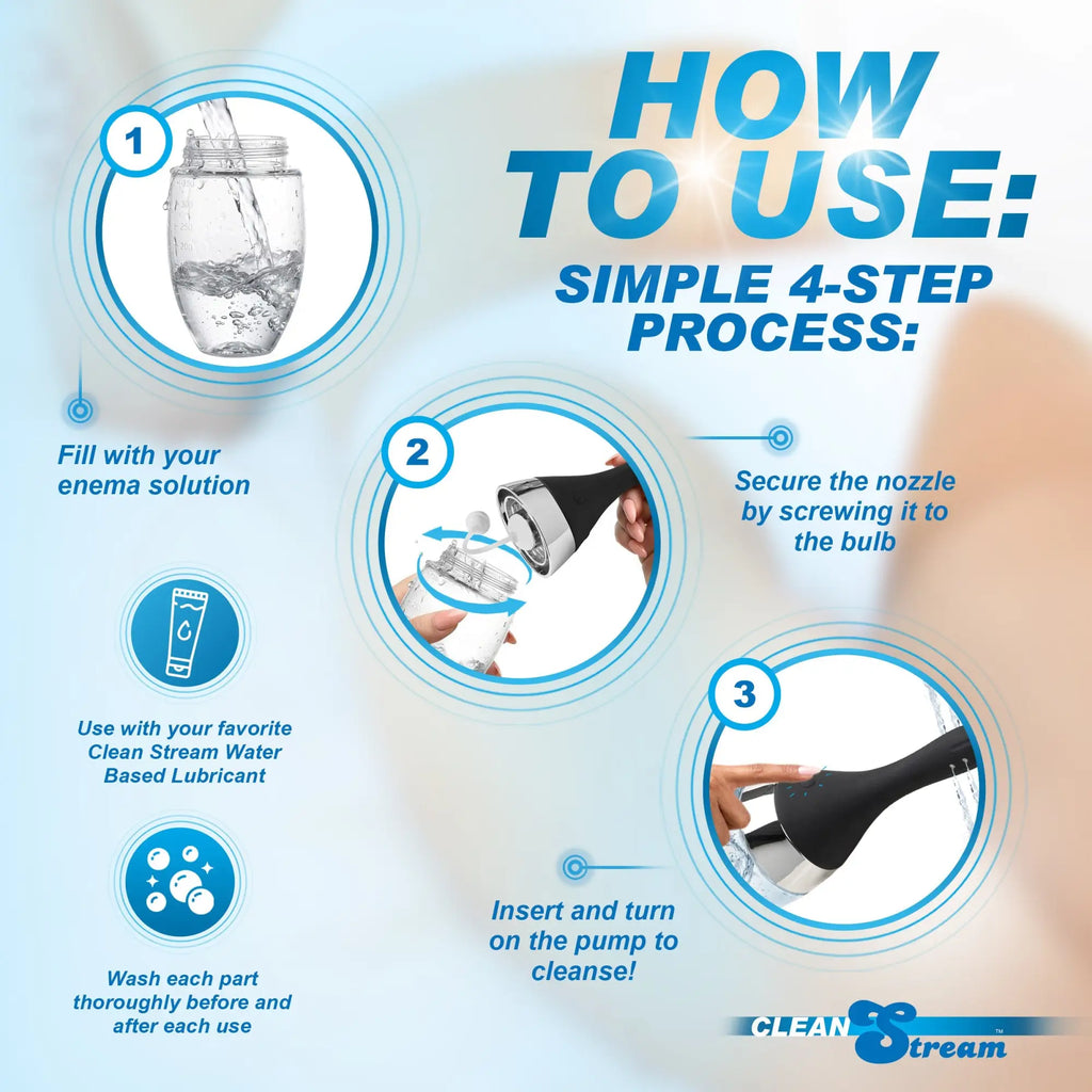 A 3-step usage guide for the black and clear CleanStream Auto-Vibrating Enema Bulb showing filling and assembly.