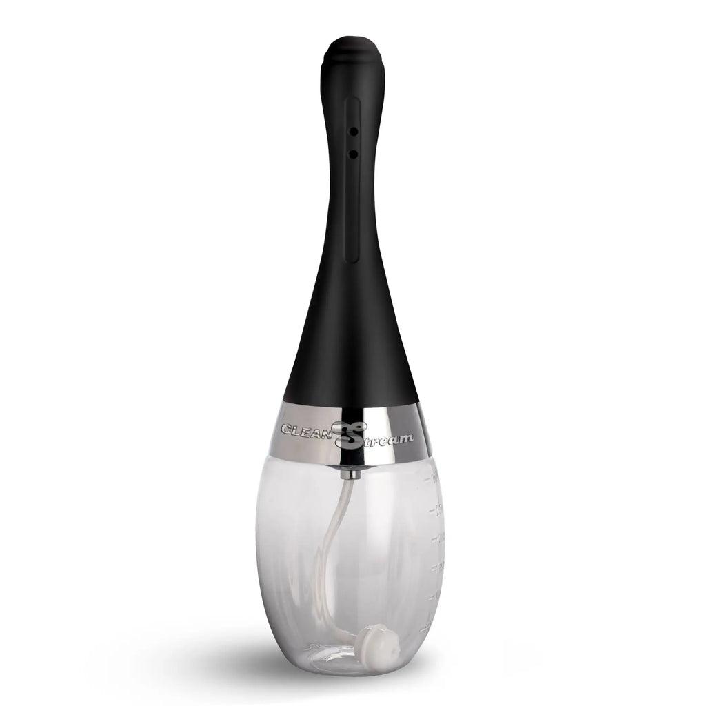 CleanStream Automatic Enema Bulb featuring a matte black 5-jet silicone nozzle and a clear graduated fluid reservoir.