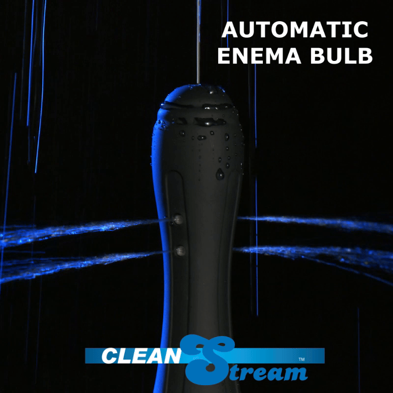 CleanStream Automatic Enema Bulb, a matte black silicone nozzle spraying water jets against a dark background.