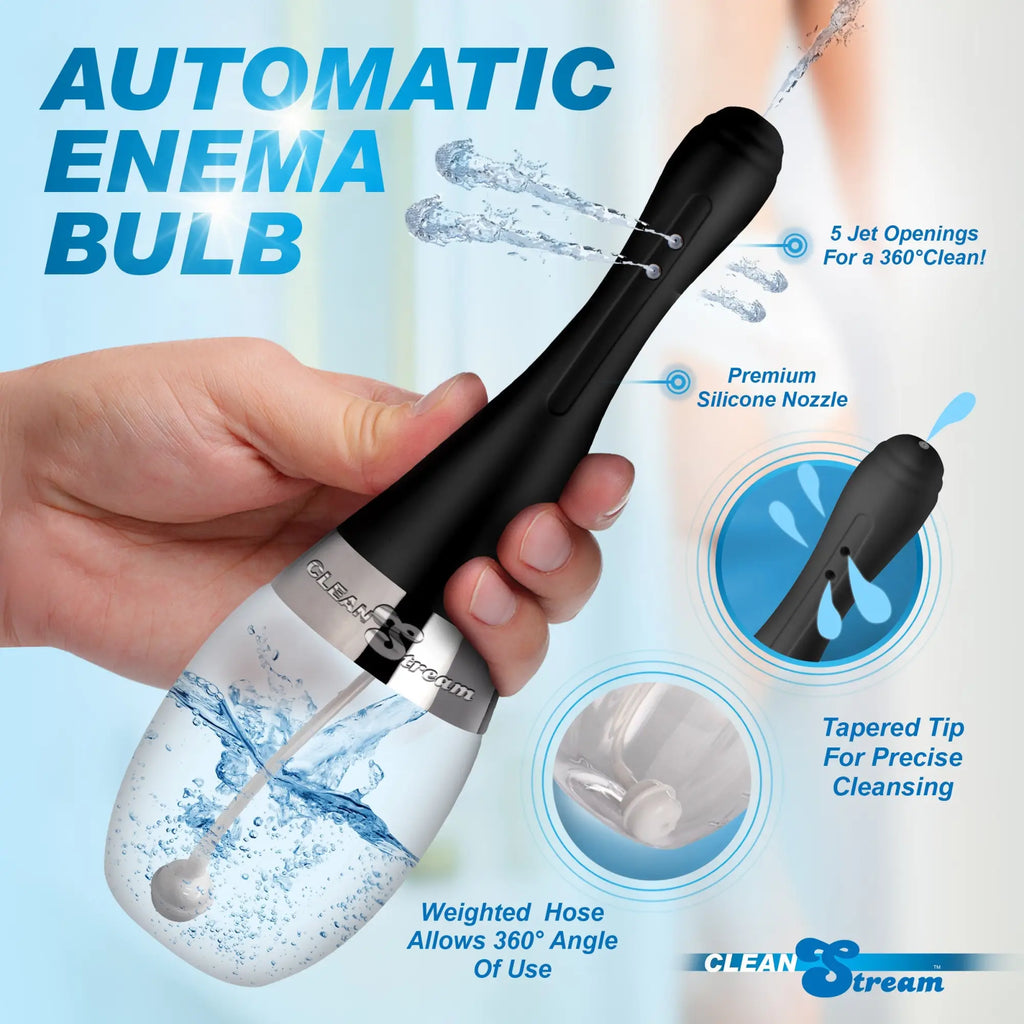 CleanStream Automatic Enema Bulb: A black silicone nozzle with 5 jet openings, held by a hand over a water-filled bulb.