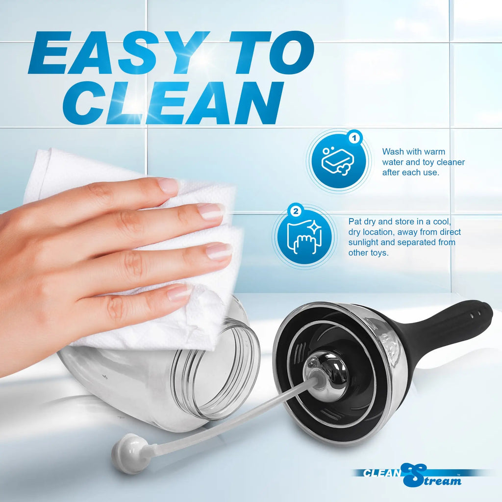 CleanStream Enema Bulb with silicone nozzle being cleaned with a cloth, showing care instructions on a tiled background.