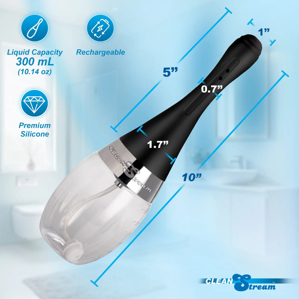 CleanStream Automatic Enema Bulb with a black silicone nozzle and 300mL clear bulb, shown with dimensions and icons.