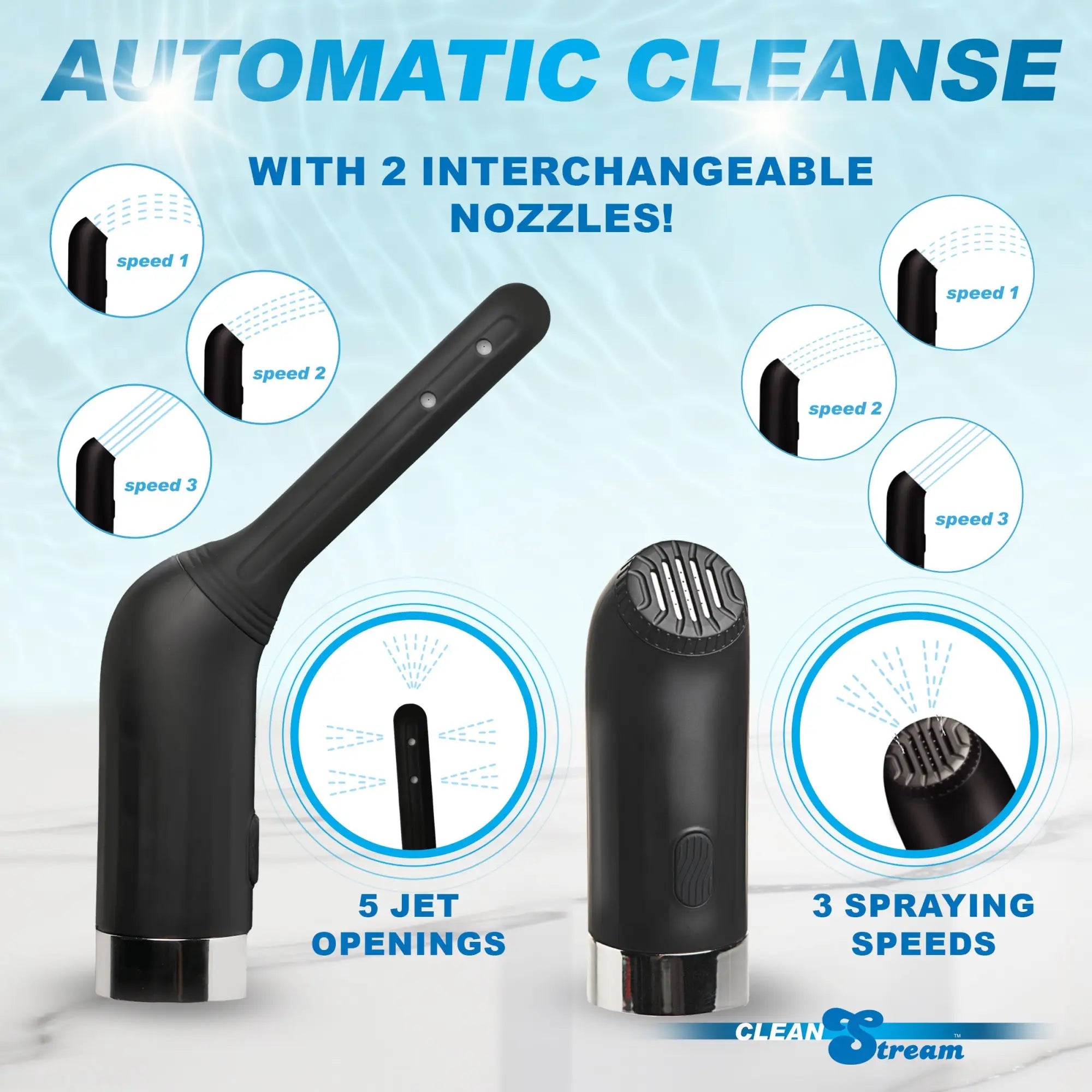 CleanStream Automatic Enema Set: Two black, electric nozzles with 5 jets and 3 spraying speeds shown against water.