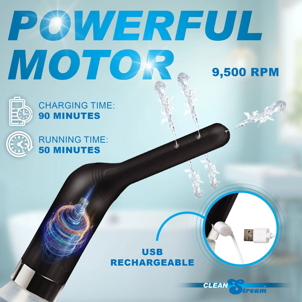 CleanStream Automatic Enema Set: A black, USB-rechargeable nozzle device spraying water with motor power specs shown.