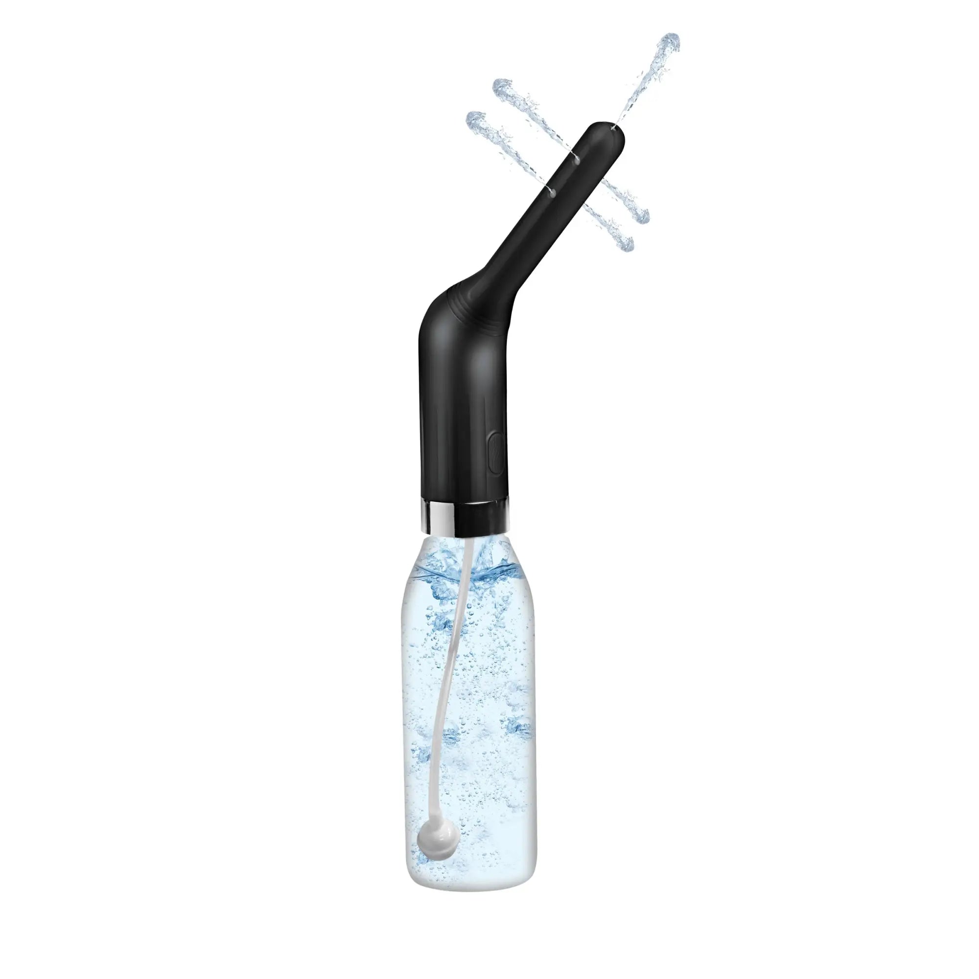 CleanStream Automatic Enema Set: A black electronic nozzle attached to a water-filled bottle, spraying water upwards.