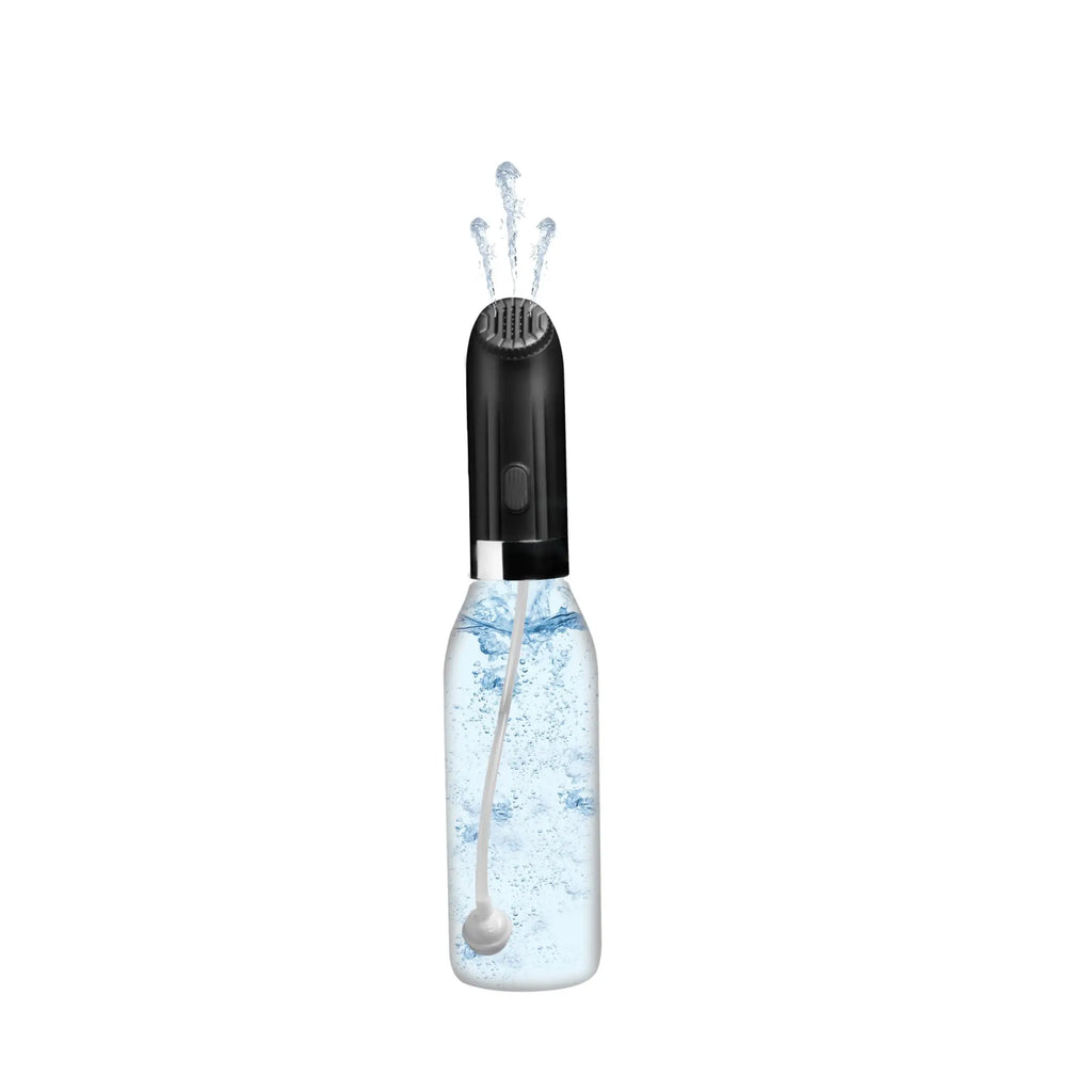 CleanStream Automatic Enema Set: A black handheld device spraying water from a clear bottle with an internal tube.