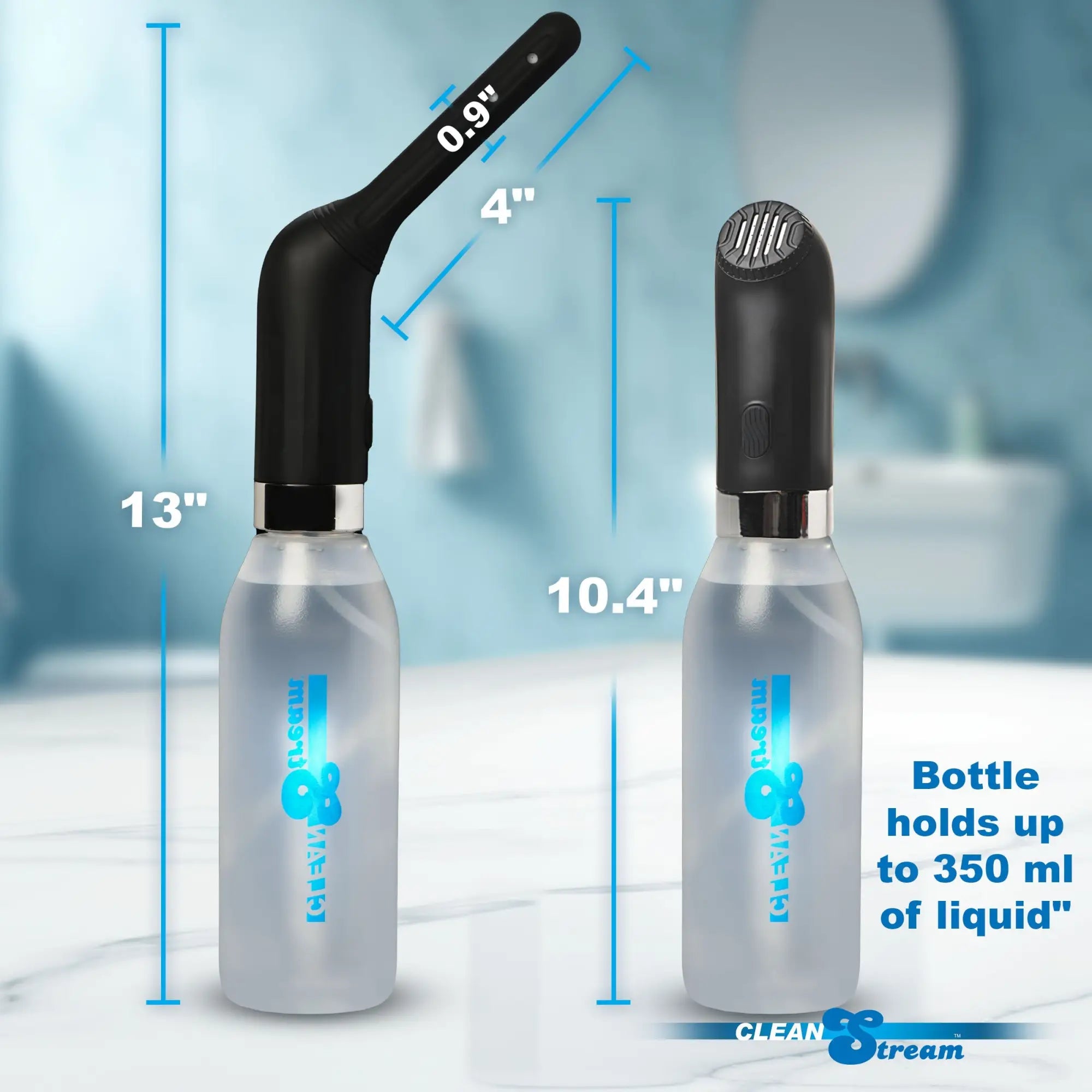 CleanStream Automatic Enema Set featuring two black nozzle attachments on a 350ml clear bottle with product dimensions.