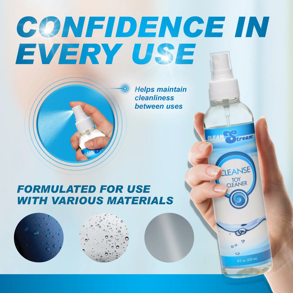 CleanStream 8oz spray bottle toy cleaner, white label with blue branding, held in hand, on light blue background.