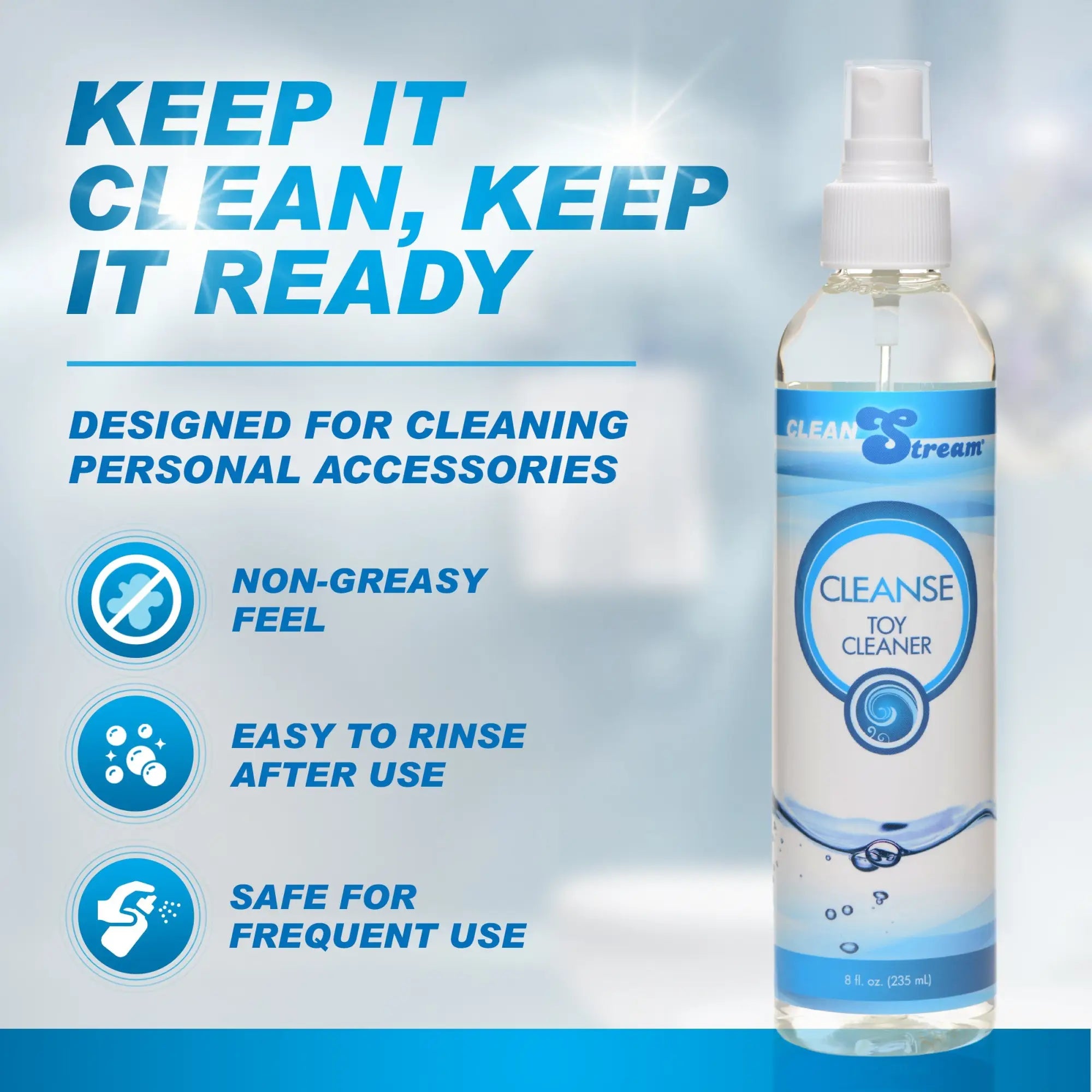 CleanStream 8oz spray bottle toy cleaner with a blue and white label listing benefits like non-greasy and easy rinse.