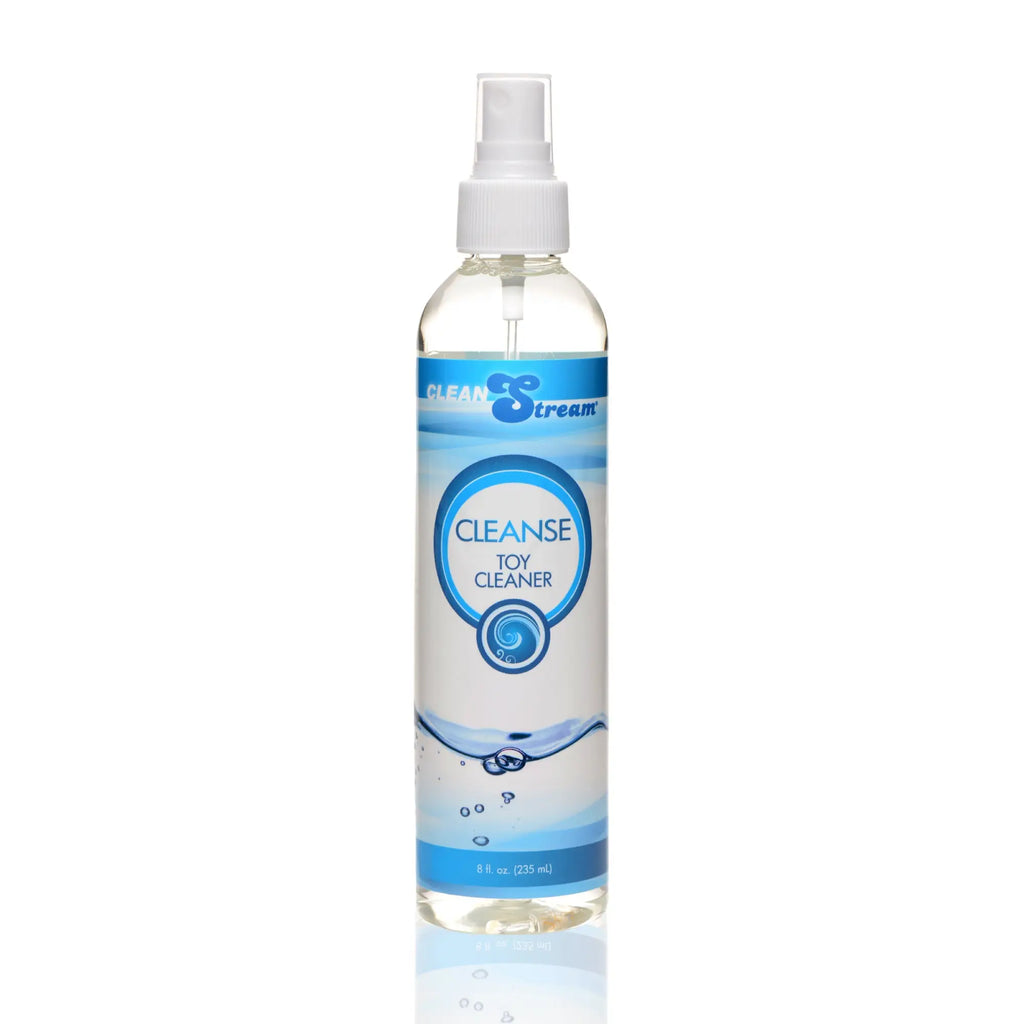 CleanStream 8oz toy cleaner in a clear spray bottle with a blue and white label, isolated on a white background.