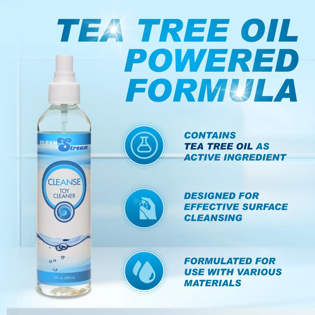 CleanStream 8oz toy cleaner spray bottle with tea tree oil formula, light blue theme with benefit icons and text.